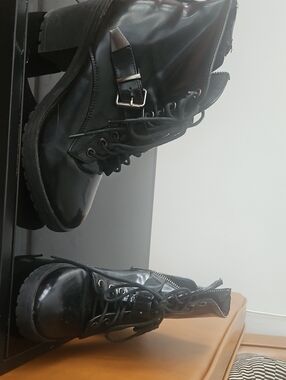 Black Leather Lace-Up Combat Boots with Buckle Detail
